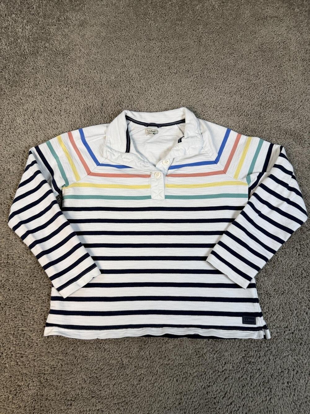 L.L. Bean Shirt Womens S White Striped Polo Long Sleeve Cotton Blend Casual